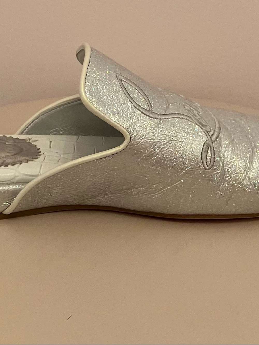 36 1/2 Christian Louboutin Silver Glitter Slip-On Mules with Red Sole - Picture 6 of 13